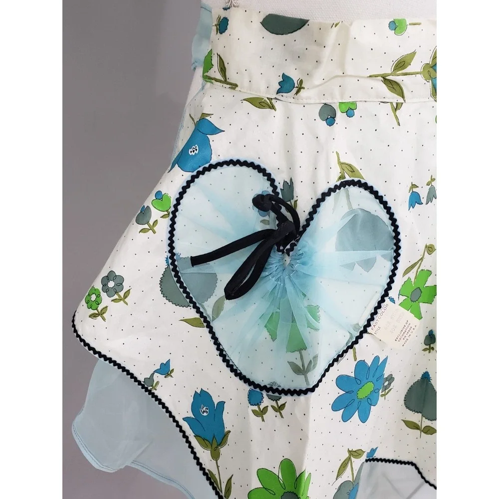 Vintage 1950s Blue Floral Hostess Apron Sheer Organza Overlay Bow Waist Retro